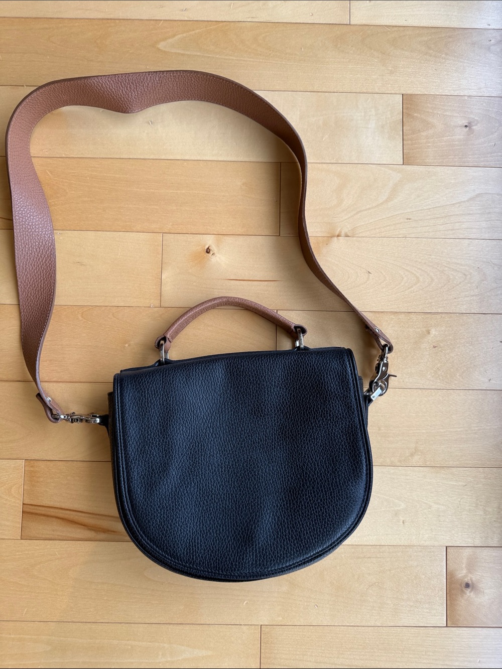 Poppy Barley Black Pebbled Leather Crossbody with Brown Strap